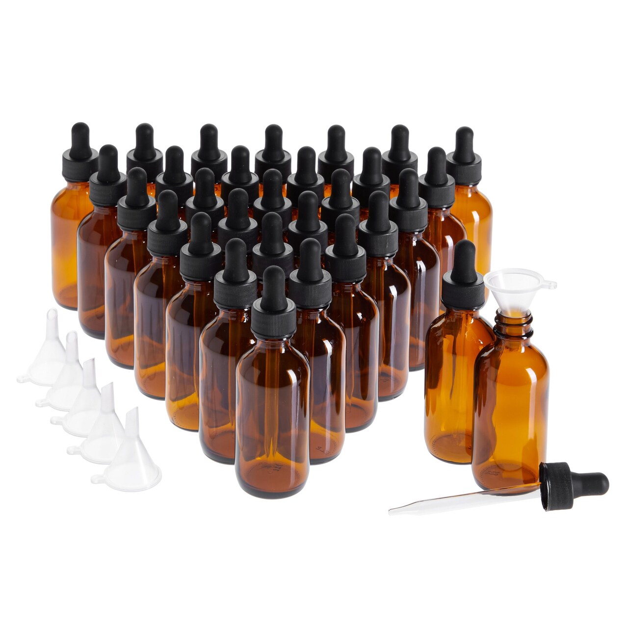 30 Pack 2oz Amber Glass Bottles with Eye Dropper Dispenser and 6 Funnels for Essential Oils, Travel Aromatherapy Perfume, Liquids (60 ml)